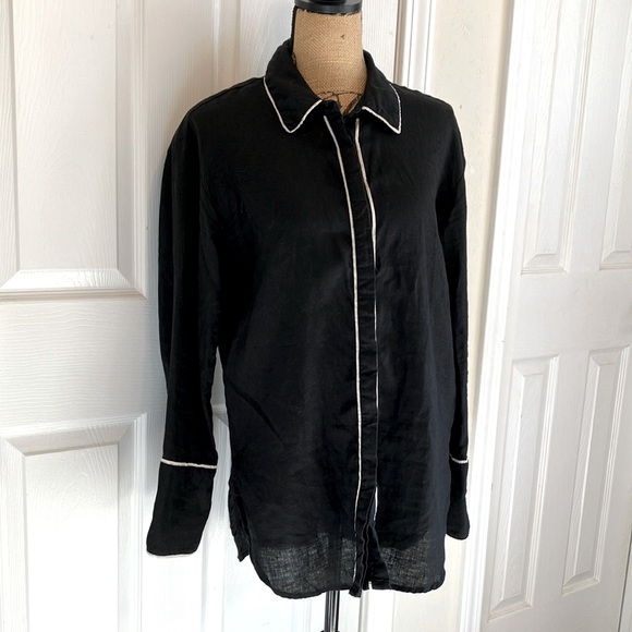 DECJUBA 100% linen black button down tunic long sleeved top with white detail 6 - Picture 1 of 16